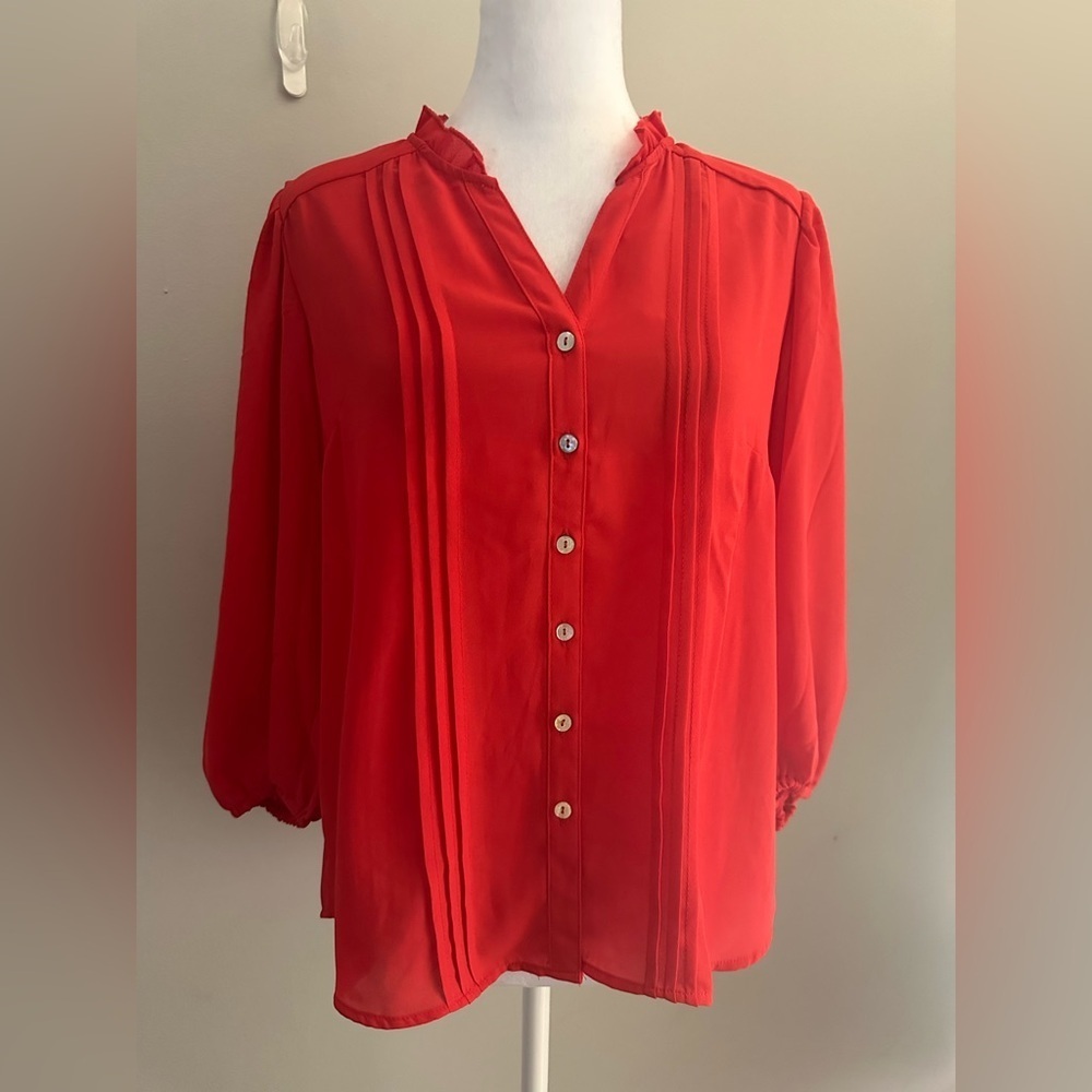 NANETTE LEPORE Button Down Professional Blouse, Red, 3/4 Sleeved, V-Neck, Sz S